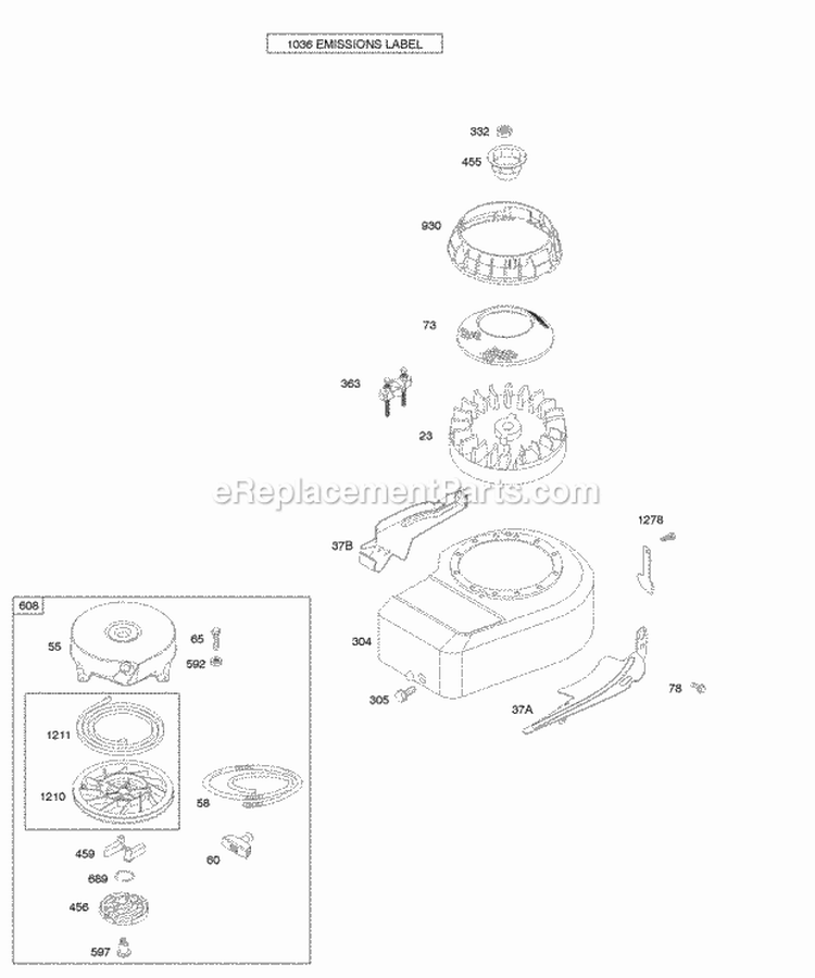 Blower HousingShrouds Flywheel Rewind Starter Diagram and Parts List for 09F902-0111-B1  Briggs and Stratton Engine